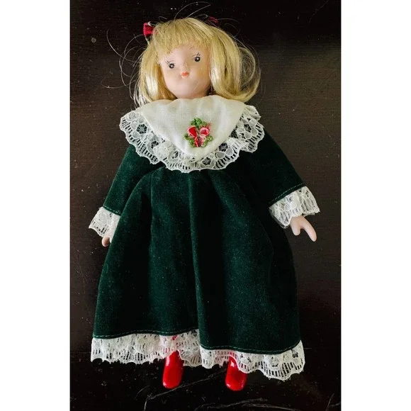 Unbranded | Other | Porcelain Girl Doll Green Velvet Dress Plaid Bow 98 Doll  Of The Month Vtg 9 | Poshmark
